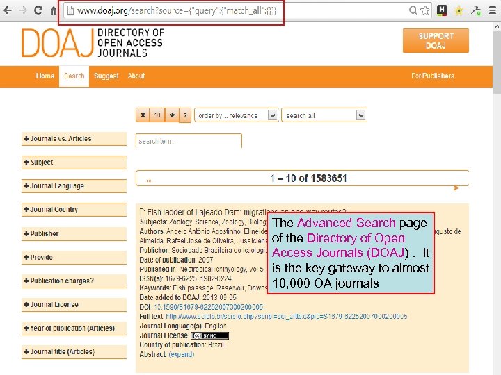 The Advanced Search page of the Directory of Open Access Journals (DOAJ). It is