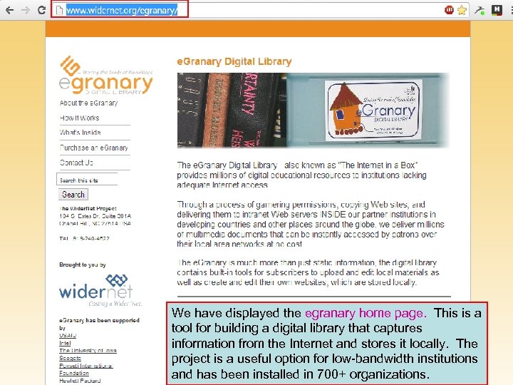 We have displayed the egranary home page. This is a tool for building a