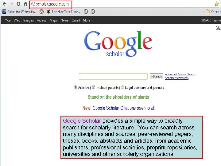 Google Scholar provides a simple way to broadly search for scholarly literature. You can