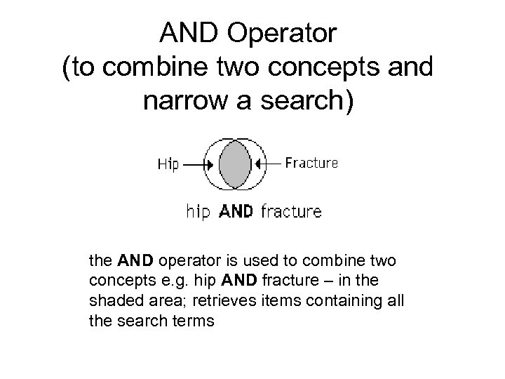AND Operator (to combine two concepts and narrow a search) the AND operator is