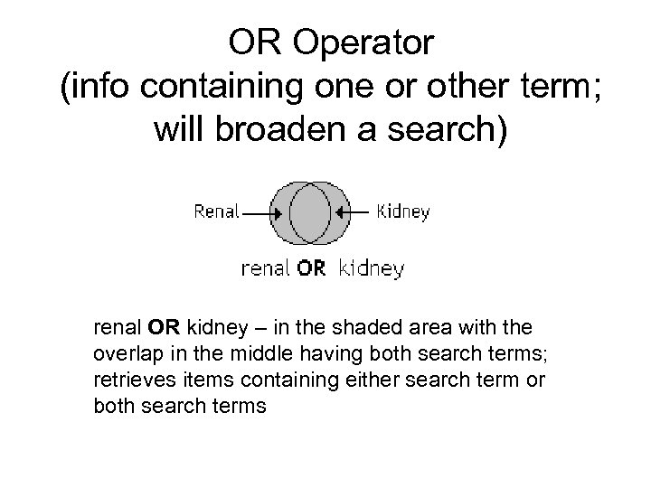 OR Operator (info containing one or other term; will broaden a search) renal OR