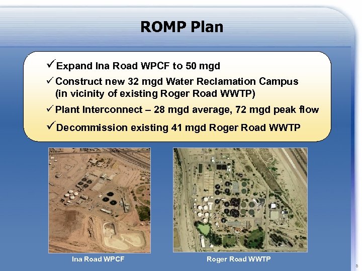 ROMP Plan üExpand Ina Road WPCF to 50 mgd ü Construct new 32 mgd
