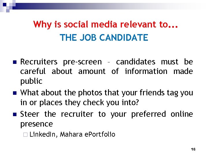 Why is social media relevant to. . . THE JOB CANDIDATE n n n