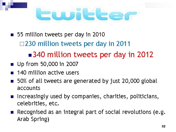 n 55 million tweets per day in 2010 ¨ 230 million tweets per day