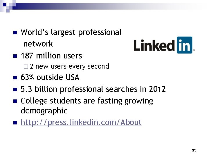n n World’s largest professional network 187 million users ¨ 2 n n new