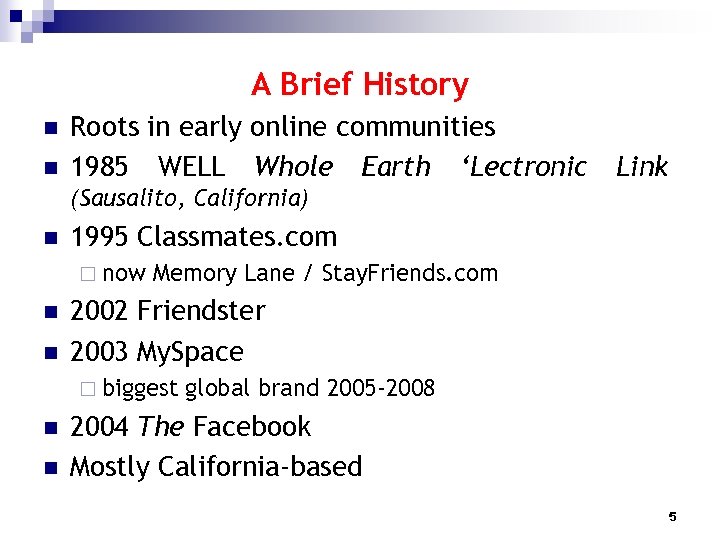 A Brief History n n Roots in early online communities 1985 WELL Whole Earth