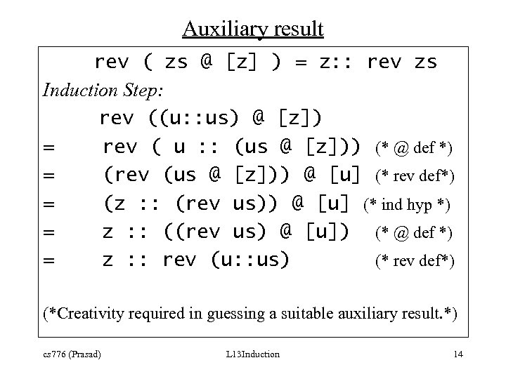 Auxiliary result rev ( zs @ [z] ) = z: : rev zs Induction
