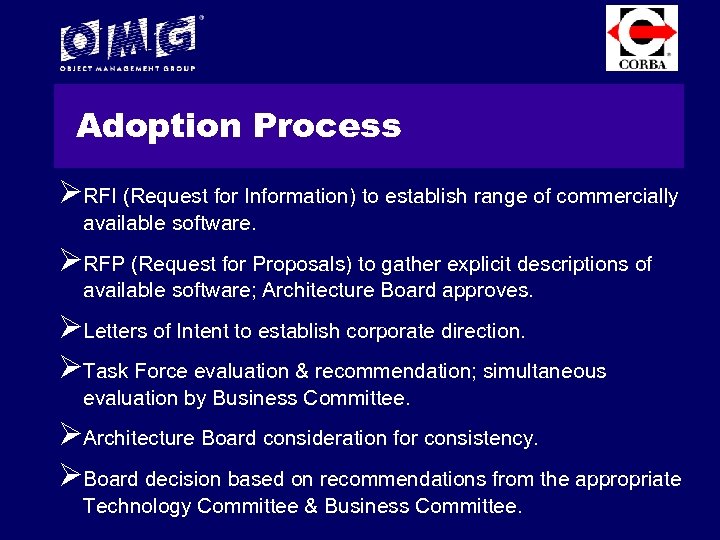 Adoption Process ØRFI (Request for Information) to establish range of commercially available software. ØRFP