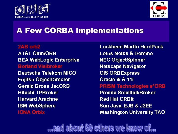 A Few CORBA implementations 2 AB orb 2 AT&T Omni. ORB BEA Web. Logic