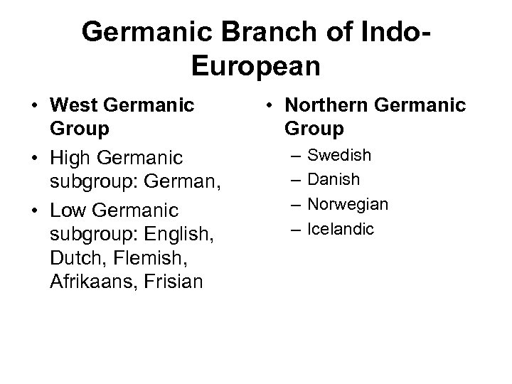 Germanic Branch of Indo. European • West Germanic Group • High Germanic subgroup: German,