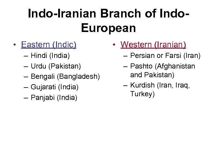 Indo-Iranian Branch of Indo. European • Eastern (Indic) – – – Hindi (India) Urdu