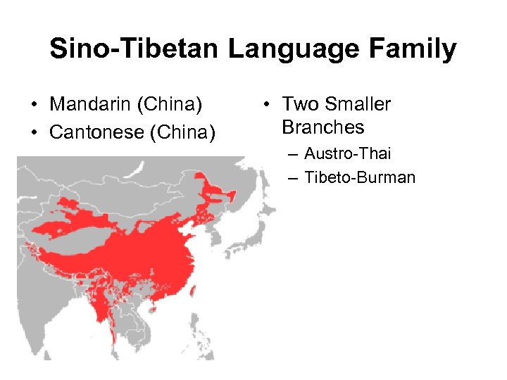 Sino-Tibetan Language Family • Mandarin (China) • Cantonese (China) • Two Smaller Branches –