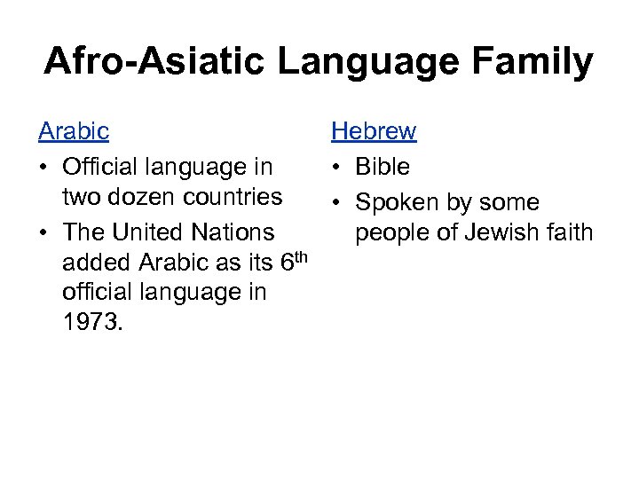 Afro-Asiatic Language Family Arabic Hebrew • Official language in • Bible two dozen countries