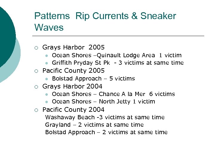Patterns Rip Currents & Sneaker Waves ¡ Grays Harbor 2005 l l ¡ Pacific
