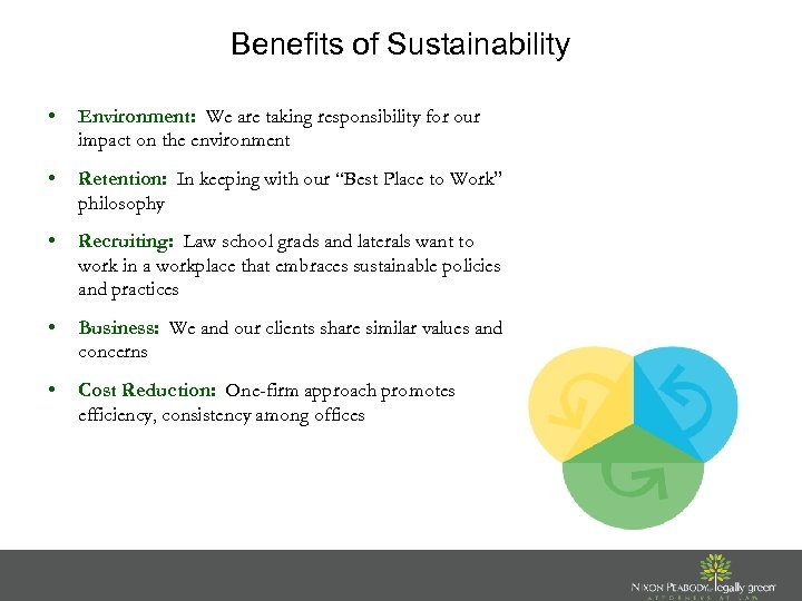 Benefits of Sustainability • Environment: We are taking responsibility for our impact on the