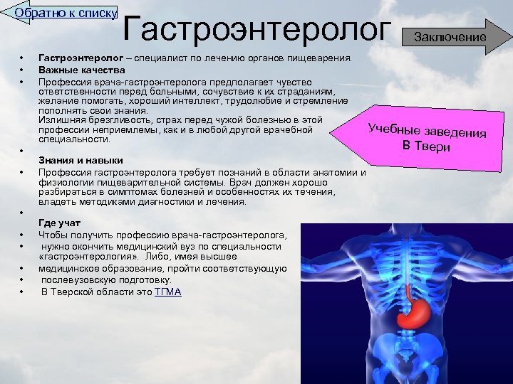 Обратно к списку • • • Гастроэнтеролог – специалист по лечению органов пищеварения. Важные