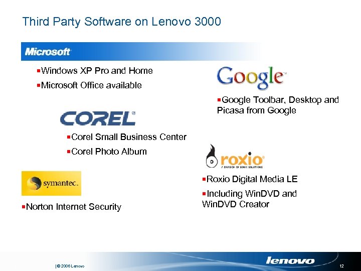 Third Party Software on Lenovo 3000 ¡Windows XP Pro and Home ¡Microsoft Office available