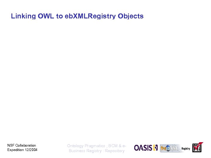 Linking OWL to eb. XMLRegistry Objects NSF Collaboration Expedition 12/2004 Ontology Pragmatics ; BCM