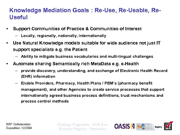 Knowledge Mediation Goals : Re-Use, Re-Usable, Re. Useful • Support Communities of Practice &