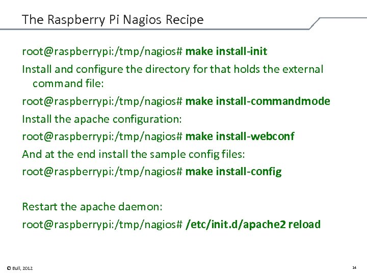 The Raspberry Pi Nagios Recipe root@raspberrypi: /tmp/nagios# make install-init Install and configure the directory