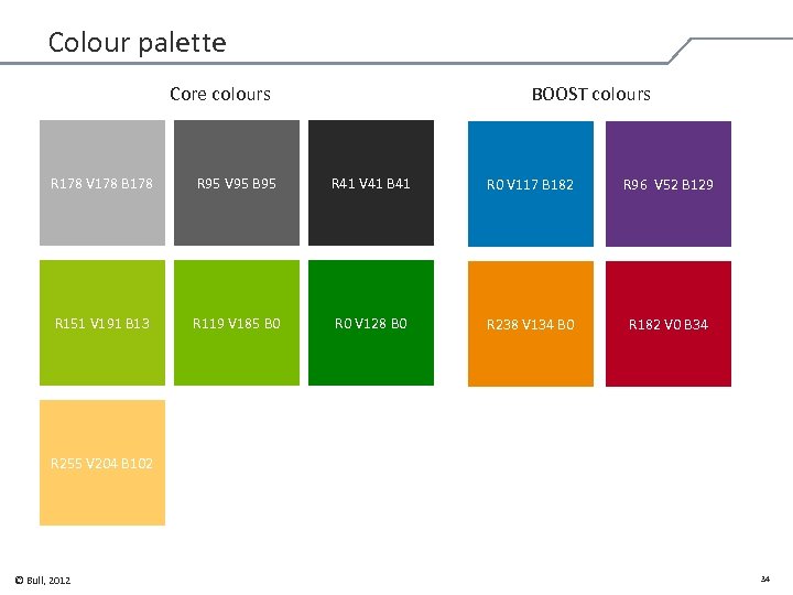 Colour palette Core colours BOOST colours R 178 V 178 B 178 R 95