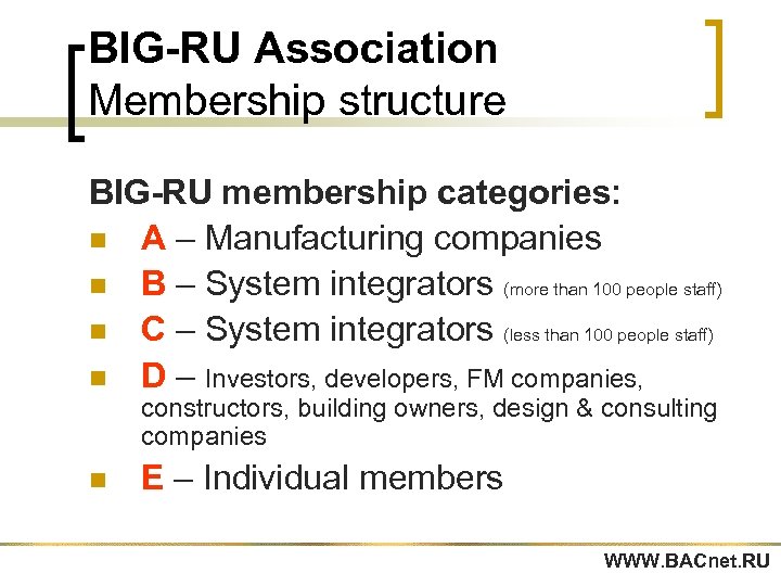 BIG-RU Association Membership structure BIG-RU membership categories: n A – Manufacturing companies n B