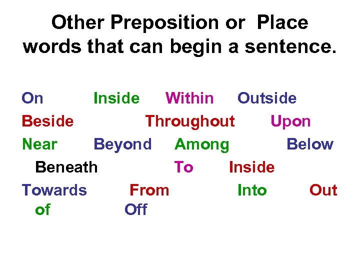 Other Preposition or Place words that can begin a sentence. On Inside Within Outside