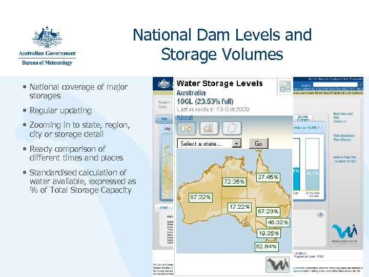 National Dam Levels and Storage Volumes • National coverage of major storages • Regular
