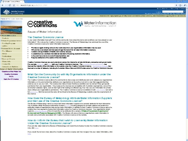 Reuse of Water Information The Creative Commons Licence Is your water information licensed? How