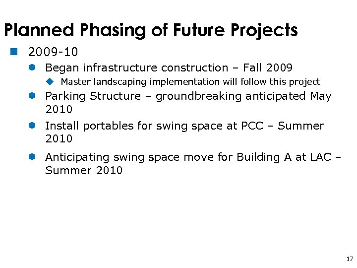 Planned Phasing of Future Projects n 2009 -10 l Began infrastructure construction – Fall