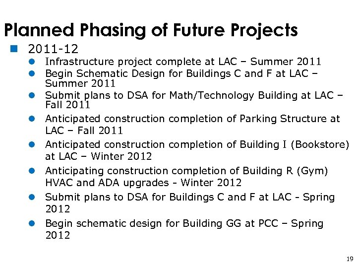 Planned Phasing of Future Projects n 2011 -12 l Infrastructure project complete at LAC