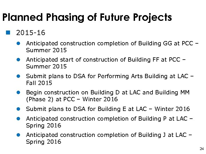 Planned Phasing of Future Projects n 2015 -16 l Anticipated construction completion of Building