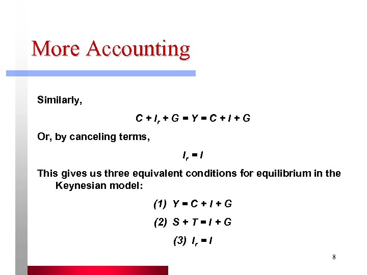 More Accounting Similarly, C + Ir + G = Y = C + I