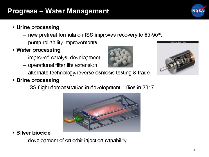 Progress – Water Management • Urine processing – new pretreat formula on ISS improves