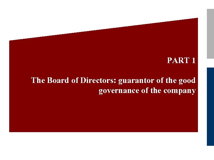 PART 1 The Board of Directors: guarantor of the good governance of the company