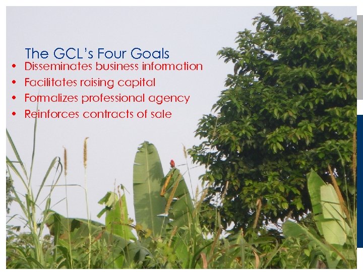  • • The GCL’s Four Goals Disseminates business information Facilitates raising capital Formalizes