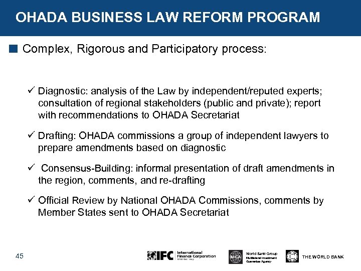 OHADA BUSINESS LAW REFORM PROGRAM Complex, Rigorous and Participatory process: ü Diagnostic: analysis of