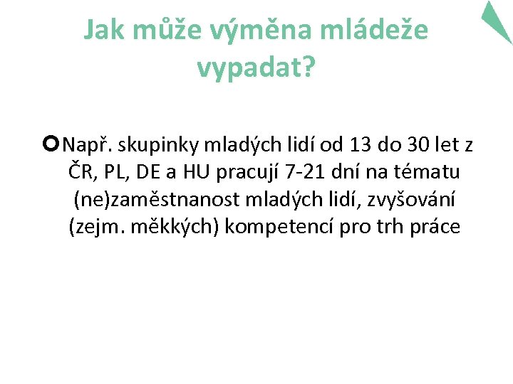 Jak může výměna mládeže vypadat? Např. skupinky mladých lidí od 13 do 30 let