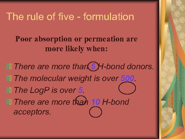 The rule of five - formulation Poor absorption or permeation are more likely when: