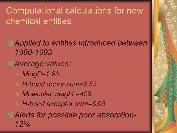 Computational calculations for new chemical entities Applied to entities introduced between 1990 -1993 Average