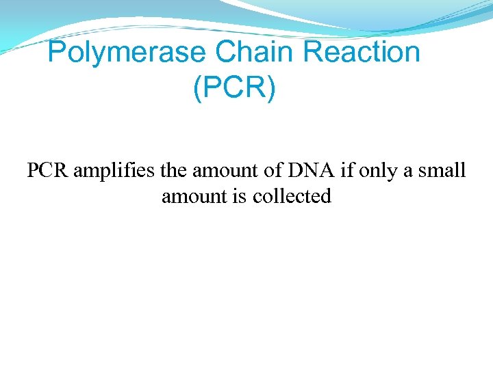 Polymerase Chain Reaction (PCR) PCR amplifies the amount of DNA if only a small