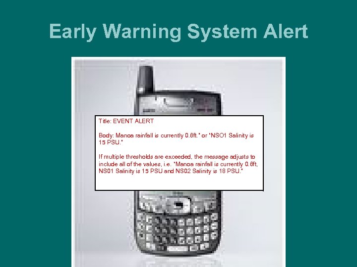 Early Warning System Alert Title: EVENT ALERT Body: Manoa rainfall is currently 0. 6