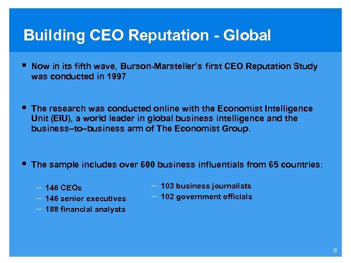 Building CEO Reputation - Global § Now in its fifth wave, Burson-Marsteller’s first CEO