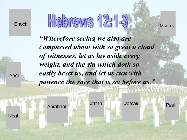 Enoch Abel Moses “Wherefore seeing we also are compassed about with so great a