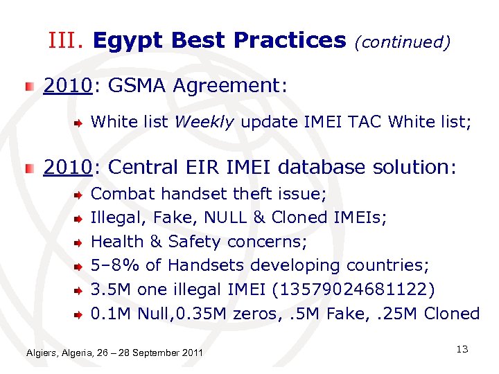 III. Egypt Best Practices (continued) 2010: GSMA Agreement: White list Weekly update IMEI TAC