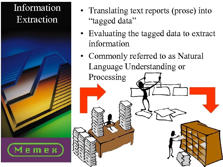 Information Extraction • Translating text reports (prose) into “tagged data” • Evaluating the tagged