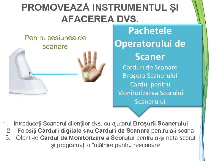 PROMOVEAZĂ INSTRUMENTUL ȘI AFACEREA DVS. Pentru sesiunea de scanare Pachetele Operatorului de Scaner Carduri