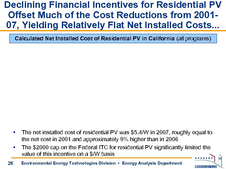 Declining Financial Incentives for Residential PV Offset Much of the Cost Reductions from 200107,