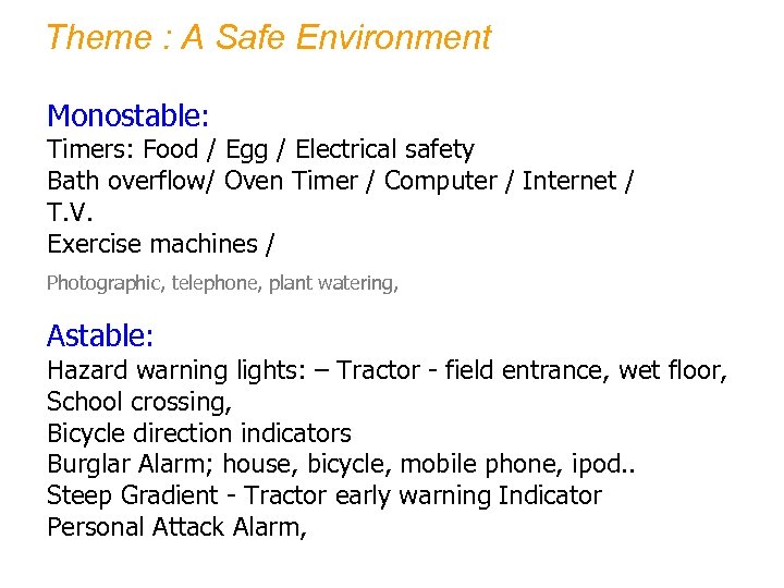 Theme : A Safe Environment Monostable: Timers: Food / Egg / Electrical safety Bath