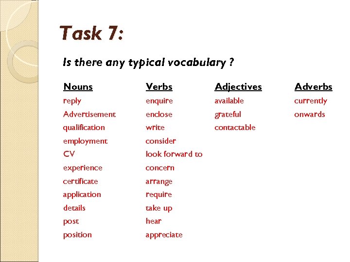 Task 7: Is there any typical vocabulary ? Nouns Verbs Adjectives Adverbs reply enquire